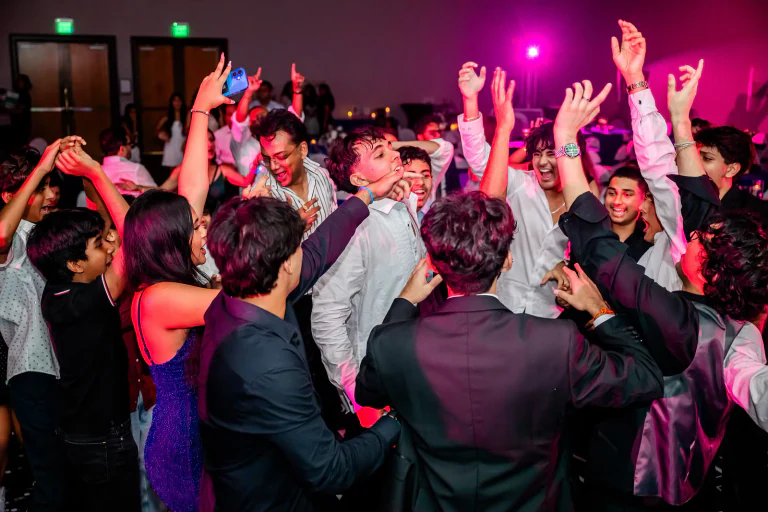 LED dance floor with guests dancing at Indian wedding reception, Desi Decibel production