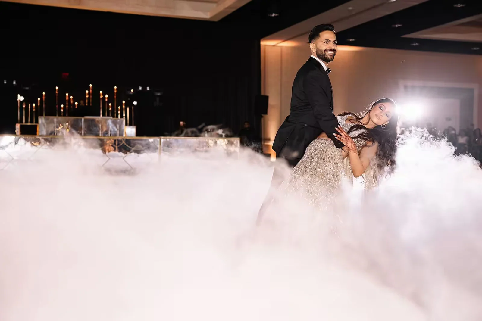 Dry ice cloud fog effect on wedding dance floor for first dance, Desi Decibel production