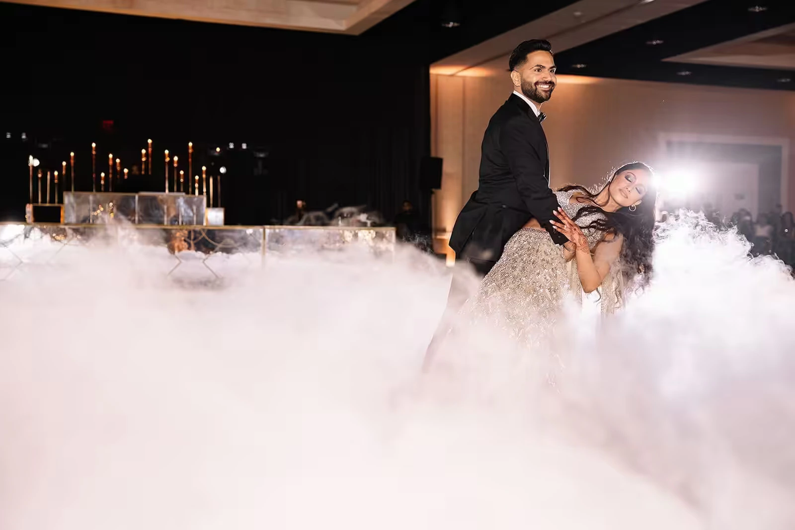 Indian DJ and live dhol in Little Rock, AR — Dry ice cloud fog effect on wedding dance floor for first dance, Desi Decibel production