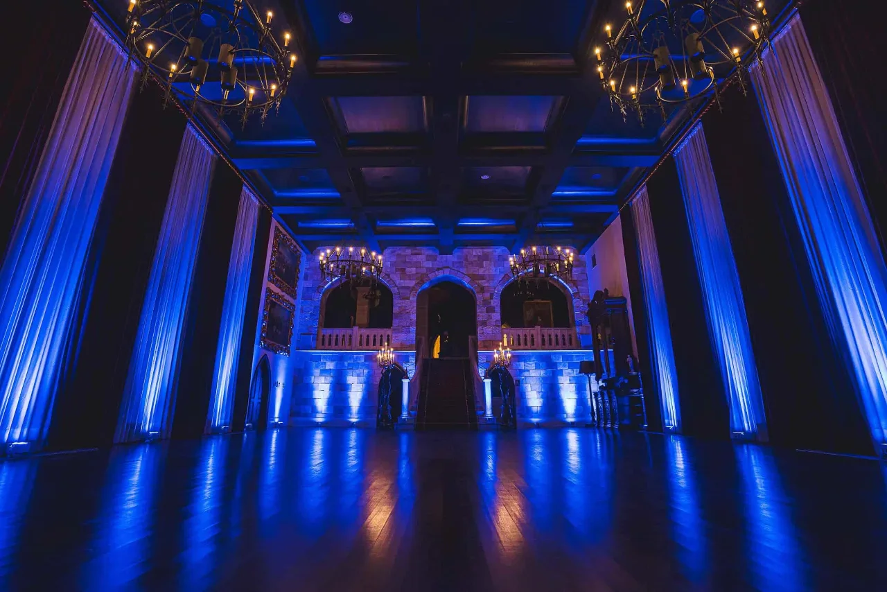 Indian DJ and live dhol in Idaho Falls, ID — Wedding venue uplighting transforming ballroom for Indian and Pakistani reception