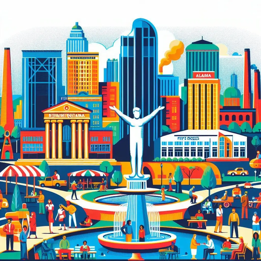 Colorful illustration depicting a cityscape of Alabama with a fountain and various buildings.