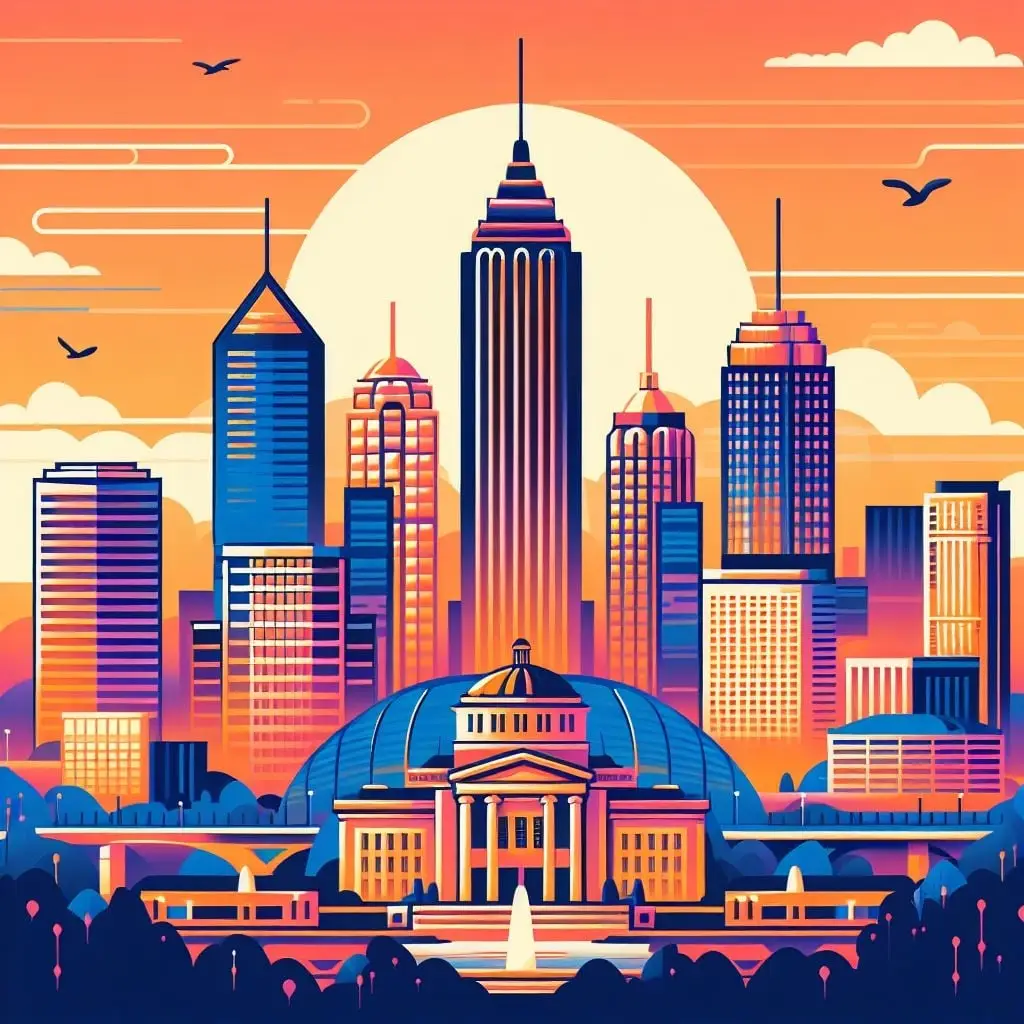 Colorful illustration of the Atlanta city skyline with a sunset background featuring prominent buildings.