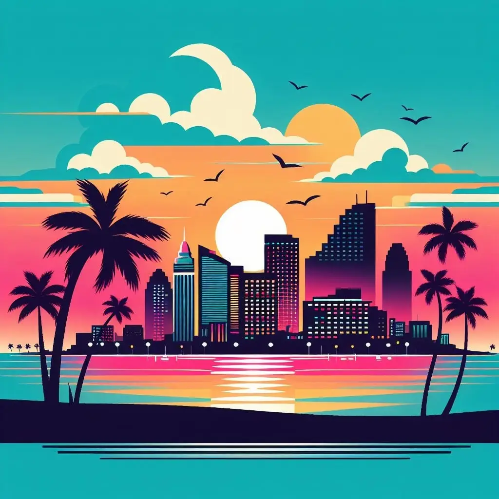 Illustration of Miami city skyline at sunset with palm trees and colorful sky.