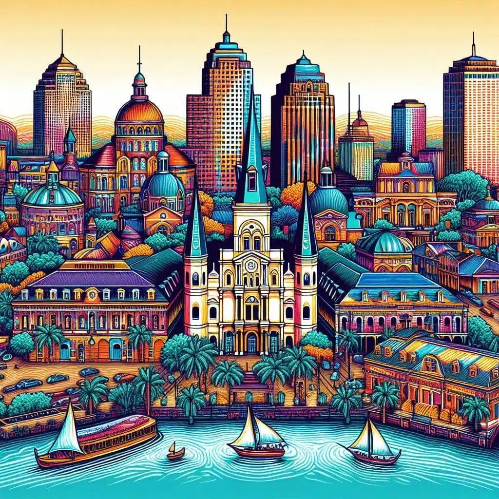 Colorful illustration of New Orleans featuring buildings, palm trees, and boats on the water.