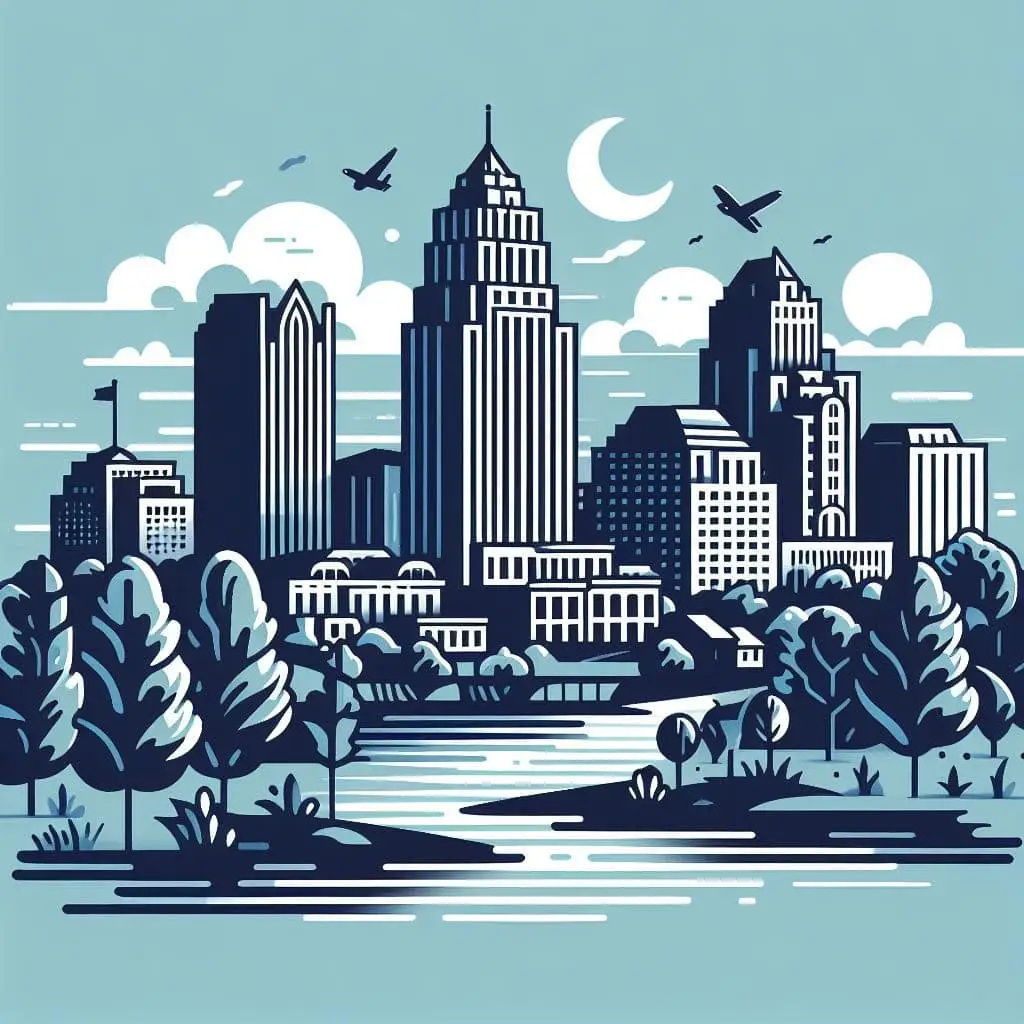 Graphic illustration of a city skyline featuring tall buildings, trees, and a river under a blue sky.
