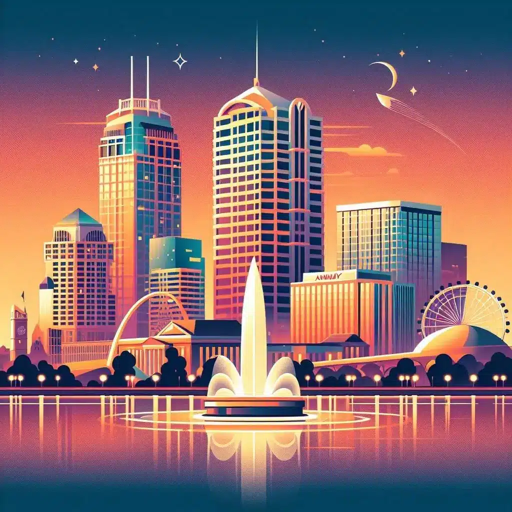 Illustration of Orlando city skyline featuring buildings, a fountain, and a Ferris wheel at sunset.